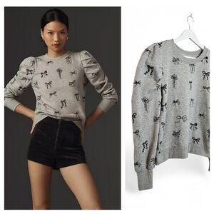 Anthropologie Casual Chic Gray Bow-Print Puff-Sleeve Sweatshirt